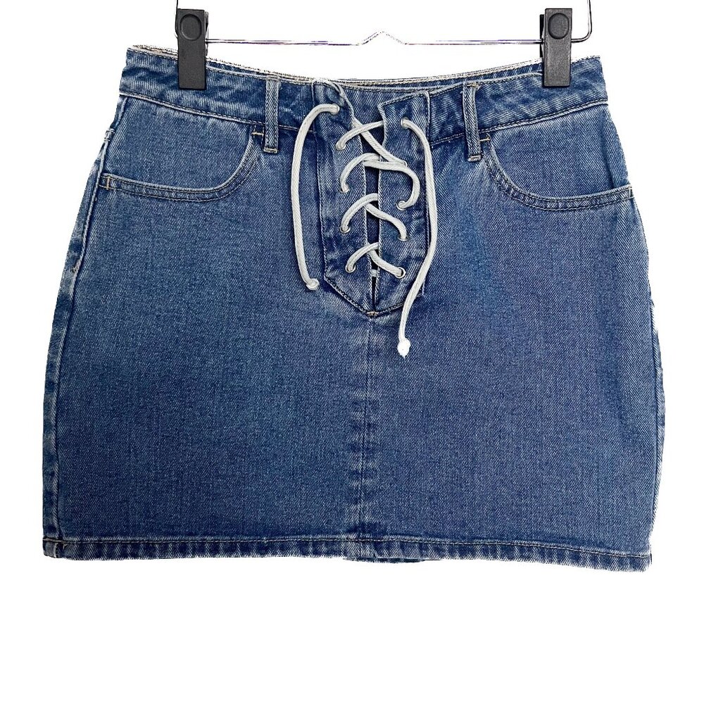 Y2K Lace-Up Denim Mini Skirt | Blue Jean Skirt | 90s Throwback Size 25